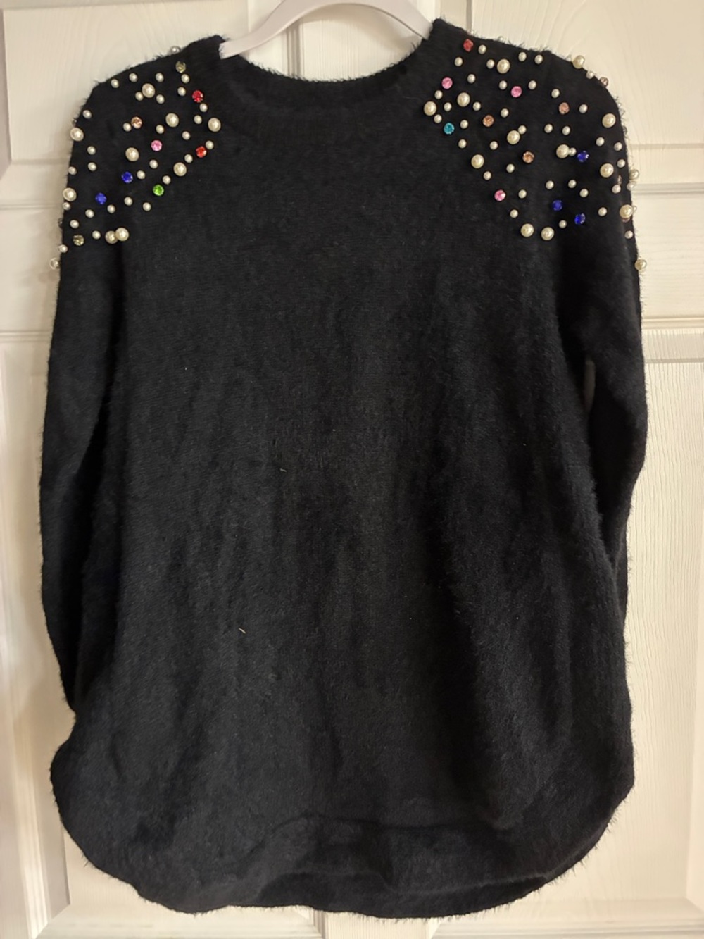 SHEIN Black Crewneck Sweater with Pearl & Multicolor Jewel Shoulders